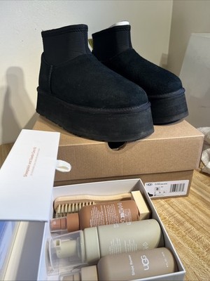 UGG Classic Mini Dipper Women's Size 8 Black Leather Ankle Boots & Care Kit