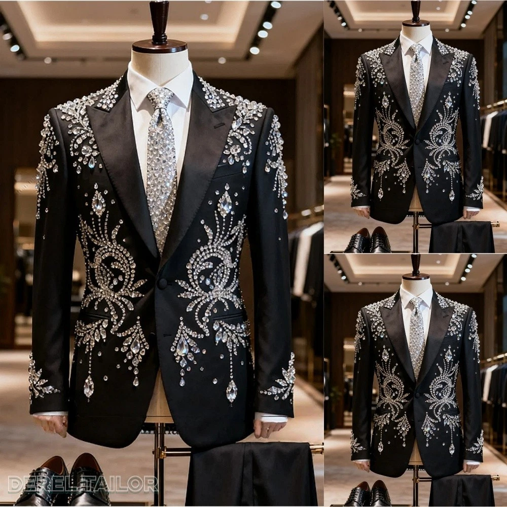 Luxury Men Suits 2pcs Bead Slim Fit Formal Peak Lapel Groom Prom Rhinestone
