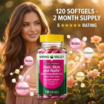 Spring Valley Extra Strength Hair Skin  Softgels, 5000 mcg Biotin, 120 Count