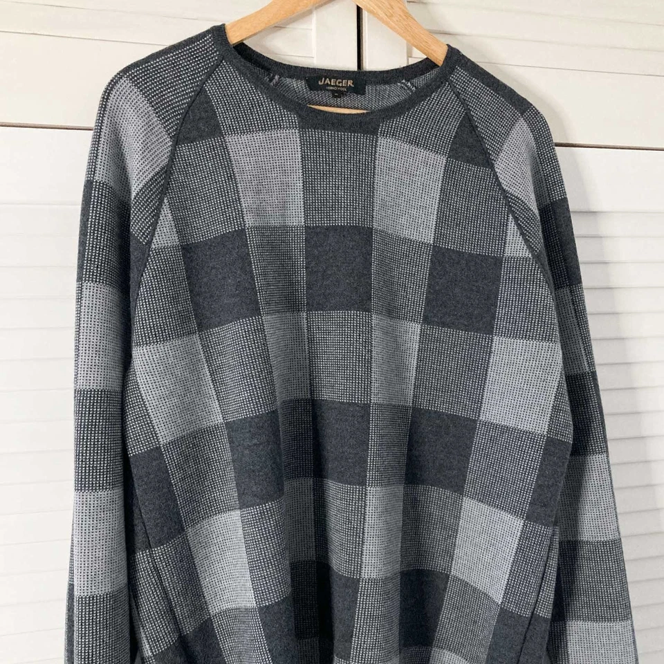 Jaeger Jumper Size Medium Grey Merino Wool Check Patterned Sweater Pullover - Image 2 of 4