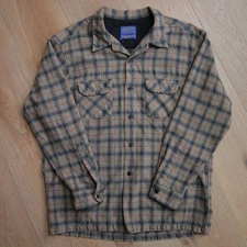 Pendleton Board Shirt Jac Mens XL Plaid Wool Flannel Brown Blue Outdoors Jacket