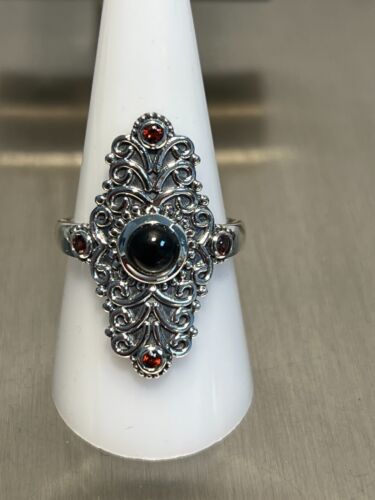 Indian jewelry cocktail ring onyx garnet, silver 925 size 20 x - Picture 1 of 3