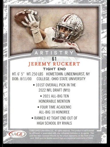 2022 SAGE Artistry #61 Jeremy Ruckert - Picture 2 of 2