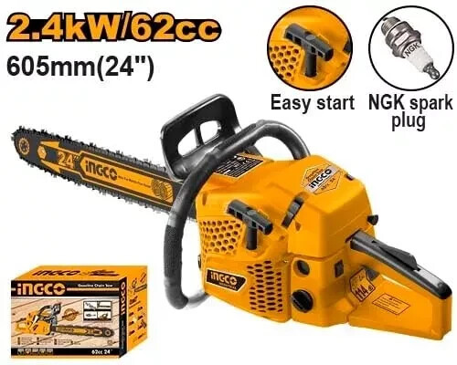 Genuine Ingco Professional 62-cc Petrol Chainsaw with 24 inch