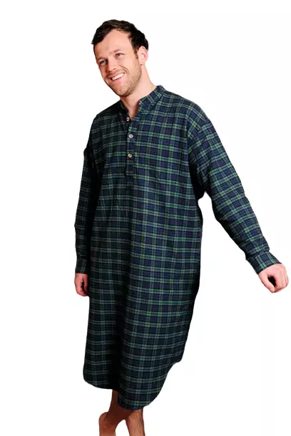 Men s Flannel Night Shirt Green Tartan Blackwatch Brushed Cotton