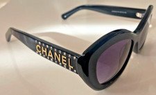 CHANEL CH 9161 B Cat Eye Sunglasses Black Gold Letters Grey Gradient Lens New