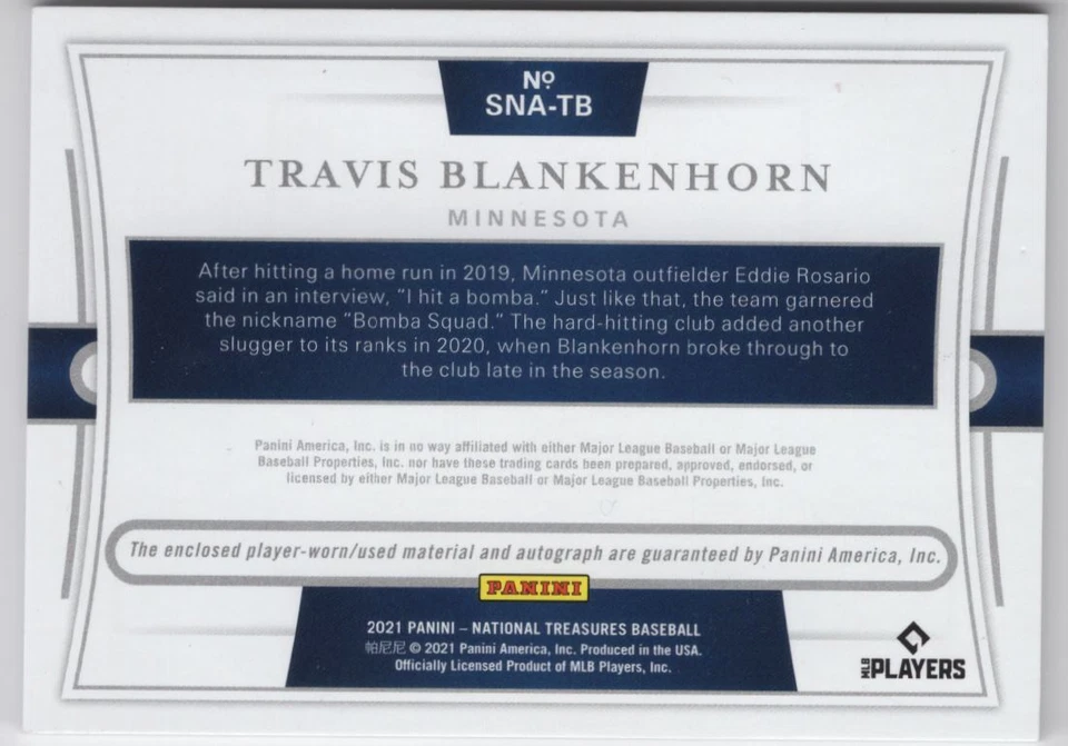 2021 Panini National Treasures JERSEY AUTO TRAVIS BLANKENHORN Auto /99 - Image 2 of 2
