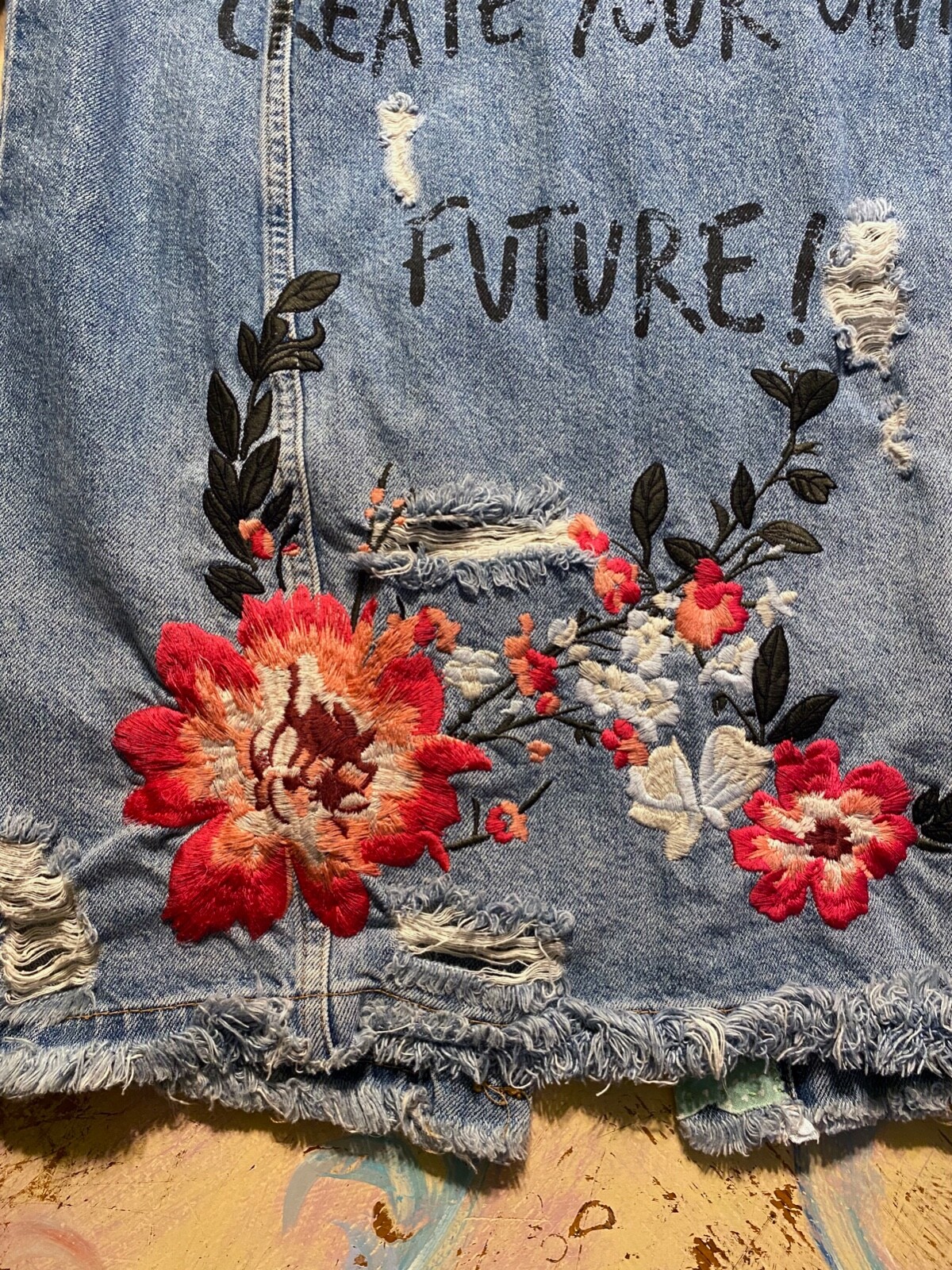 Bershka Vintage Denim Embroidered Jacket (CUSTOM) Women's size L image 3