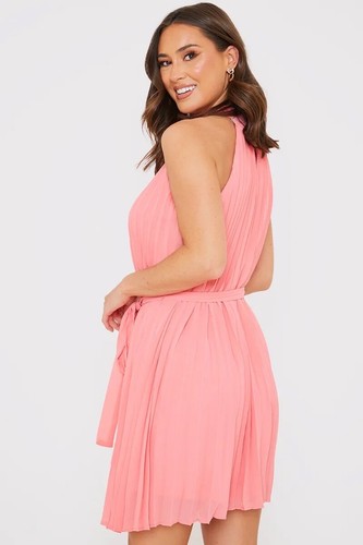 In The Style Natasha Sandhu Pleated Halter Neck Mini Dress Coral Pink UK Size 10 - Picture 2 of 4
