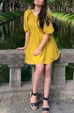 Worn Once Mustard Yellow ZARA Puff Sleeve Dress with Bows S 10