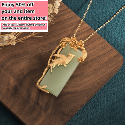 Jade Pendant Necklace Charm 18K Gold Plated Chain Phoenix Bird Dainty Gemstone
