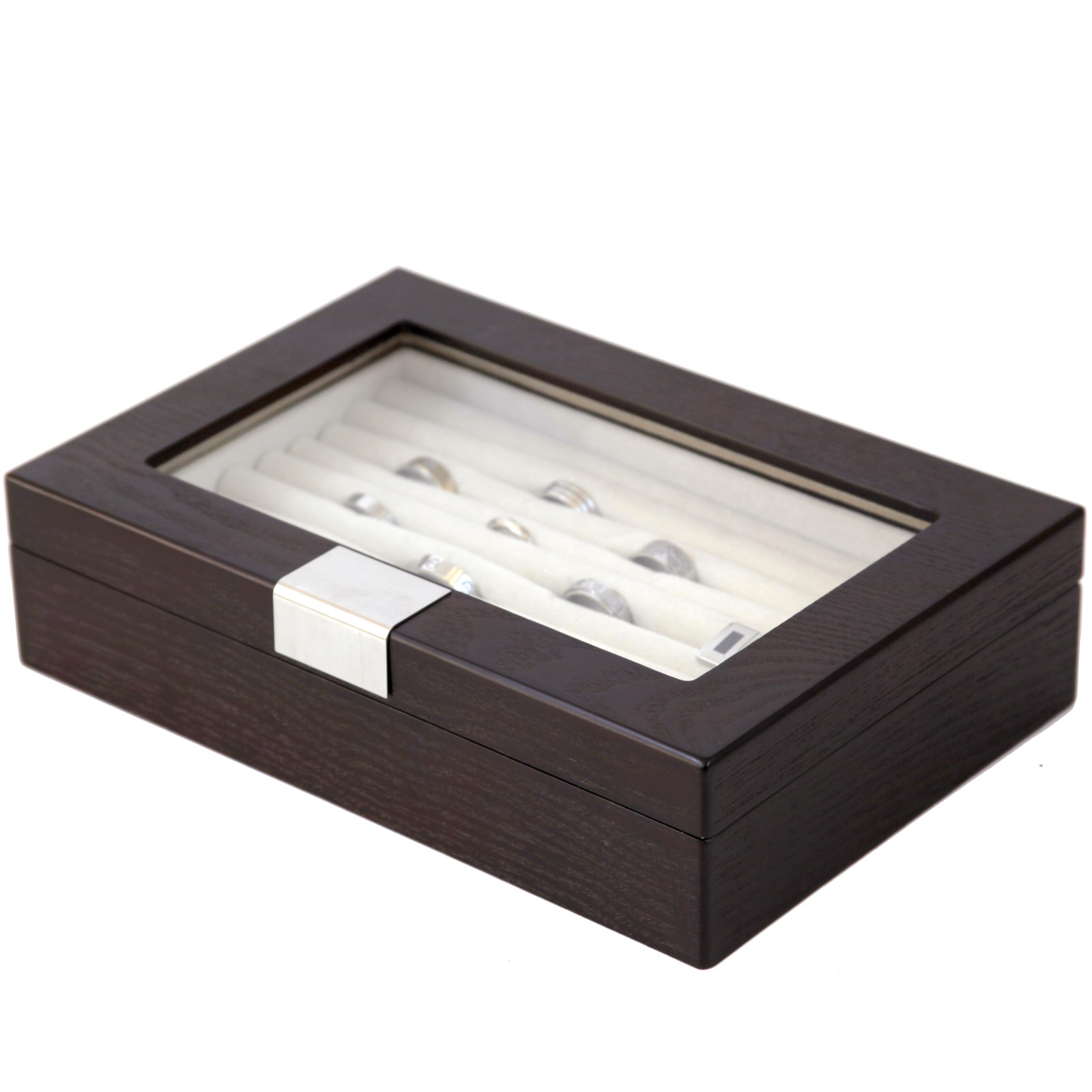 Brown Wood Grain Ring Cufflink Box with Glass Window-image