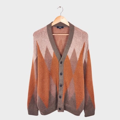 BEAMS HEART Herren Mohair Mischung Shaggy Grunge Argyle Strickjacke - Größe M