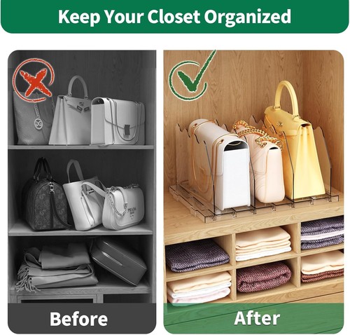 SPACEKEEPER Adjustable Shelf Divider for Closet, Clear Purse Organizers - Afbeelding 5 van 7