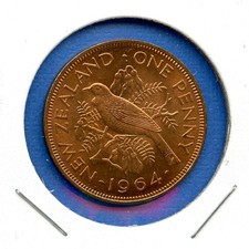 1964 New Zealand Tui Bird One Penny 1c Bronze Coin #55 Brilliant Uncirculated 