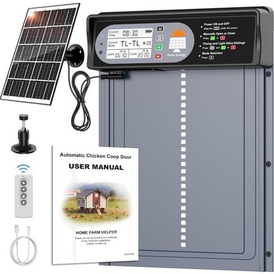 Hühnerklappe Solar Elektrisch mit LED Display Timer Fernbedienung Aluminium