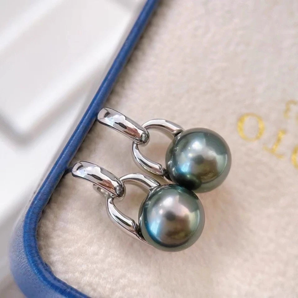 elegante par de brinco de pérola verde preto redondo taitiano 10-11mm 925s (T) - Imagem 2 de 3