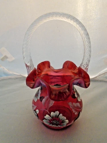 Fenton Hand Painted 2004 Gold Treasures Collection Cranberry Basket W/ Flowers