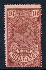 1871 Victoria, Australia used fiscal, revenue stamp 10/, BF4, brown on pink 12.5