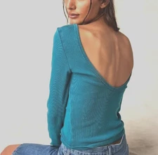 Free People We the free Top M Unapologetic low back long sleeve Crystal blue New