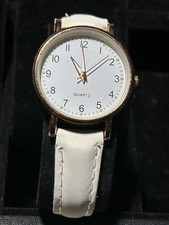 Minimalist Quartz Watch White Dial Gold Tone Case White Strap New Battery