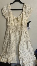 Walmart Yellow Floral Smocked Midi Dress Square Neck Puff Sleeve Ruffle L