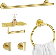 Gold 5-Piece Bathroom Hardware Set, SUS304 Stainless Steel, Round Towel Bar,