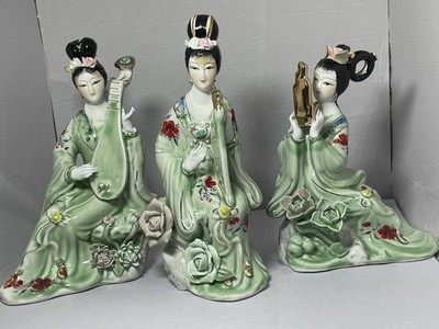 Trio Of Porcelain Japanese Asian Musicians Geisha Flowers Fan Gold Accents