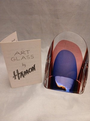 Hamon Signed Artglass Paper Weigh Blue Pink Clear