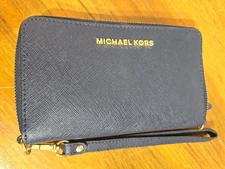 Michael Kors 7”  Saffiano Leather Zip Around Wallet with Wristlet - Navy Blue