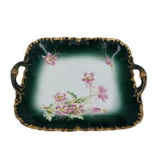 Antique Wheelock Germany Square Platter Bowl Dish With Handles Floral Green Pink
