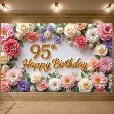 Flower 95th Birthday Banner Decorations for Women Pink Roses Floral Happy 95t...