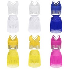 Womens Dress Flamenco Outfits Cha-Cha Dancewear Tassel Sleeveless Skirt V-Neck