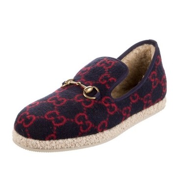 USED GUCCI Blue RED LOGO PRINT Wool FRIA HORSEBIT LOAFERS Size 7.5 Men s
