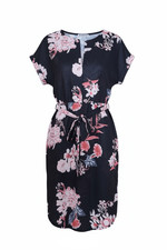 EGOWISH Black Pink Floral V-Neck Midi Dress Short Sleeve Tie Waist Size Small