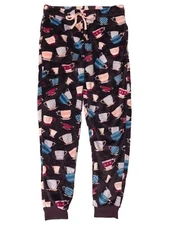 Womens Plush Burgundy Coffee & Tea Cup Joggers Sleep Pants Pajama Bottoms