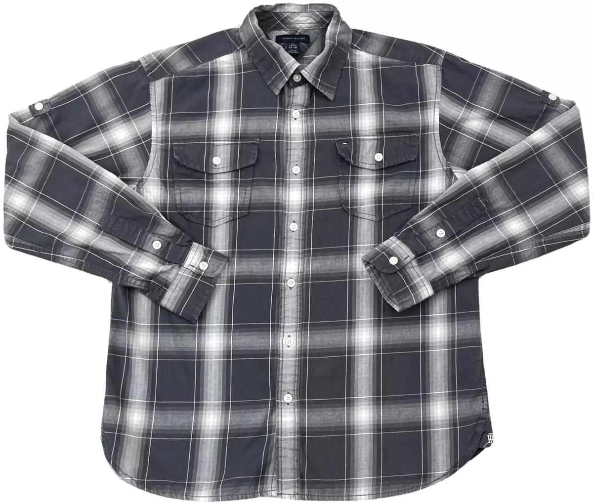 Tommy Hilfiger Shirt Boys Extra Large 16-18 Black Gray Plaid Button Up  Youth A52