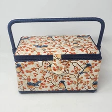 Box Lidded Fabric Sewing Basket with Pincushion 11x7x7 Bluebirds Berries Wicker