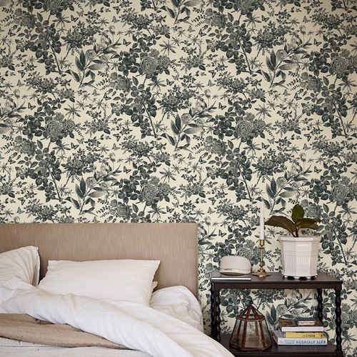 Black Floral Wallpaper Retro peel And Stick 17.3"X118" Home Furniture PVC Decor - Picture 2 of 6