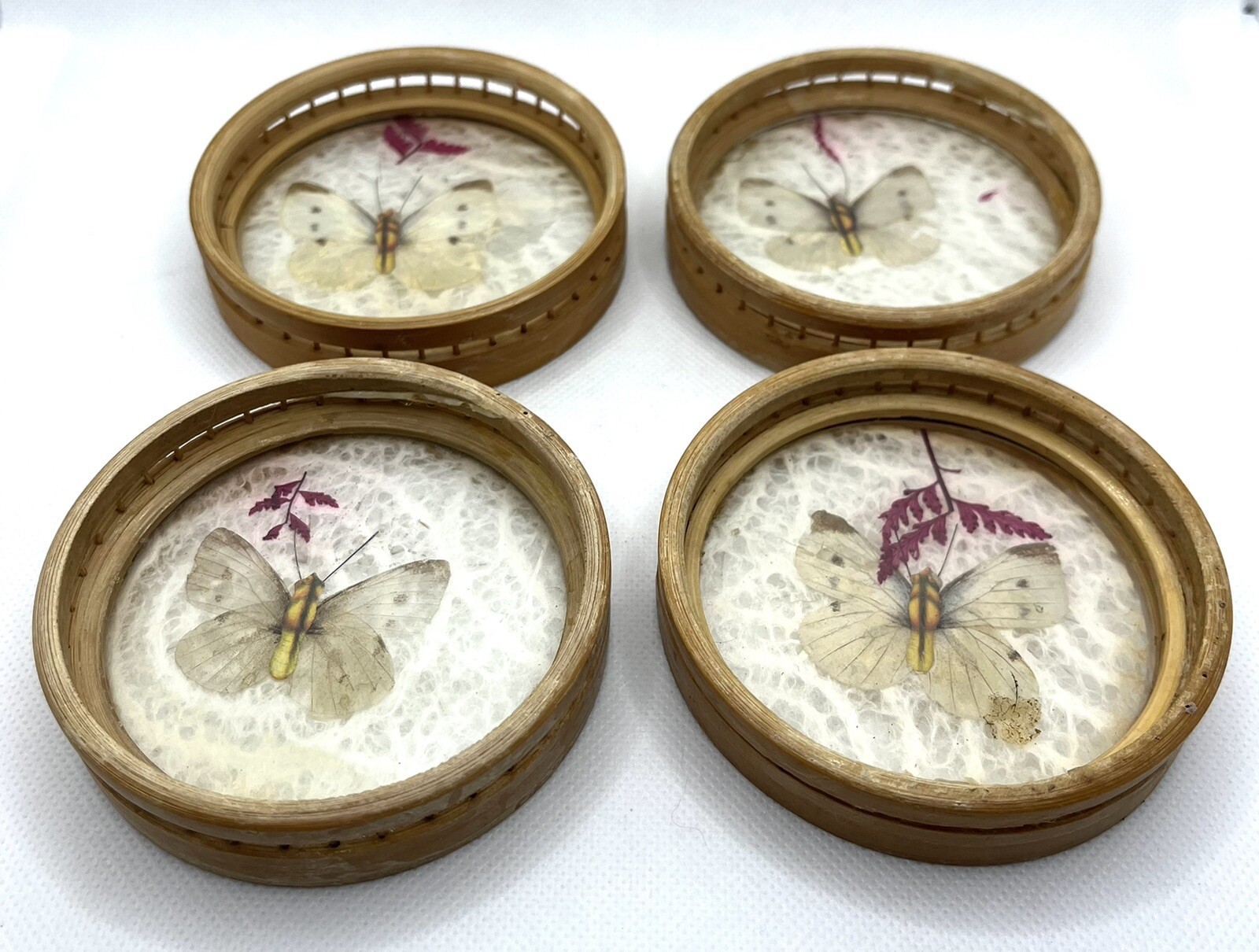 Vintage Pressed Butterfly Wicker Bamboo Drink Coasters Set Of 4 Boho Cottage, vintage barware