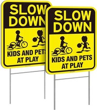Slow Down Kids and Pets at Play Sign, Child Safety 16x12inches, Yellow
