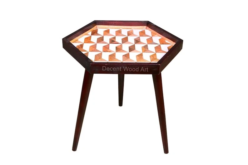 Elegant Handmade Hexagon Shaped Wooden Side Table for Home Decor - Image 2 of 4