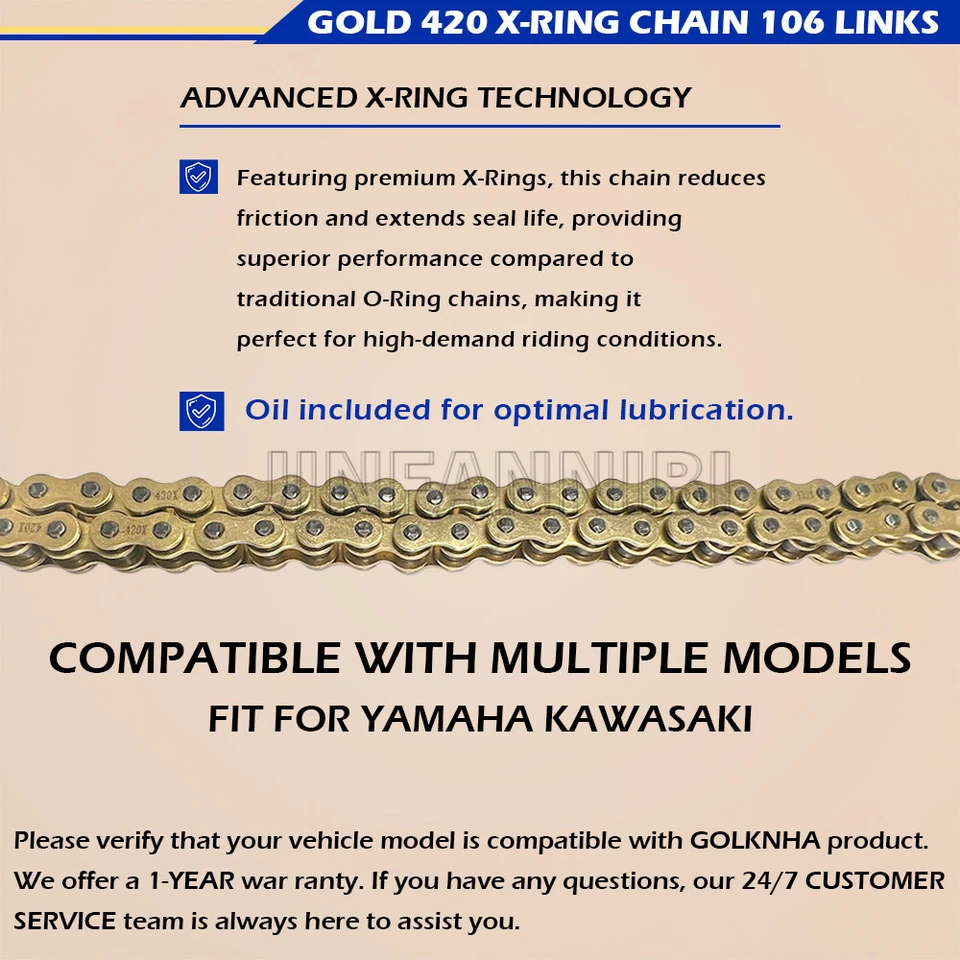 Cadena de anillo X dorado 420 106 eslabones con eslabón maestro de conexión para motocicleta Foto 4 de 4