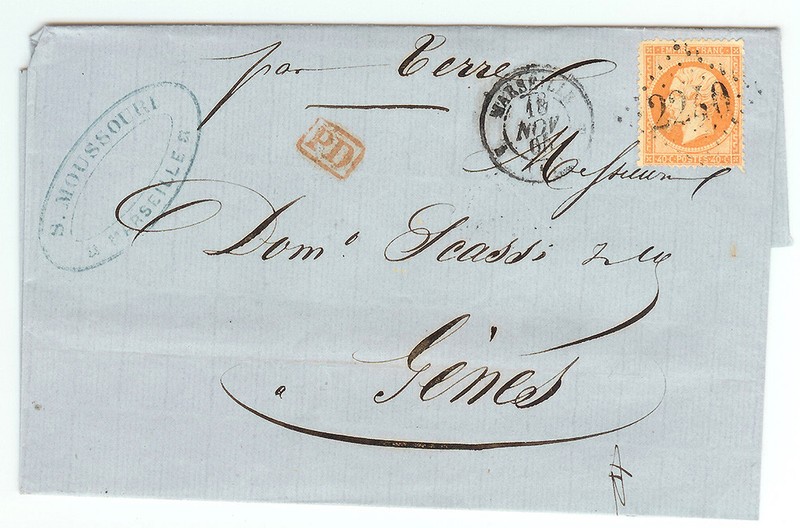 France cover - Nap. III - 1865 Marseille to Genoa (IT) - "Par Terre" * cover609