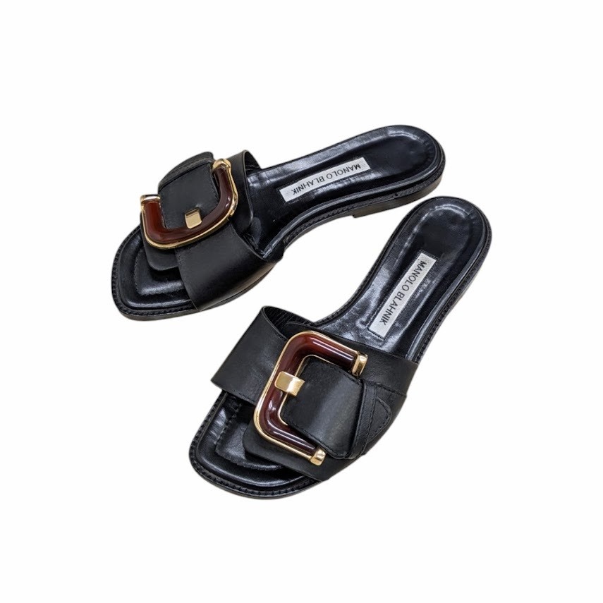 MANOLO BLAHNIK Size EU37.5 US7.5 Women Chaff Black Leather Slide Flat Shoes