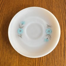 1-Vintage 1950s Fire King White Milk Glass Bonnie Blue Flowers Saucer Plates 6  