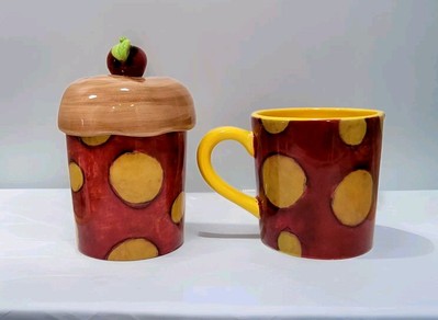 Certified International Isa Cans Designer Sugar Bowl Creamer Set Red Yellow Dots