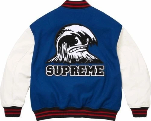 SUPREME Giacca uomo New Wave Rib Knitt stile urbano lana e pelle Varsity Blu Bianco