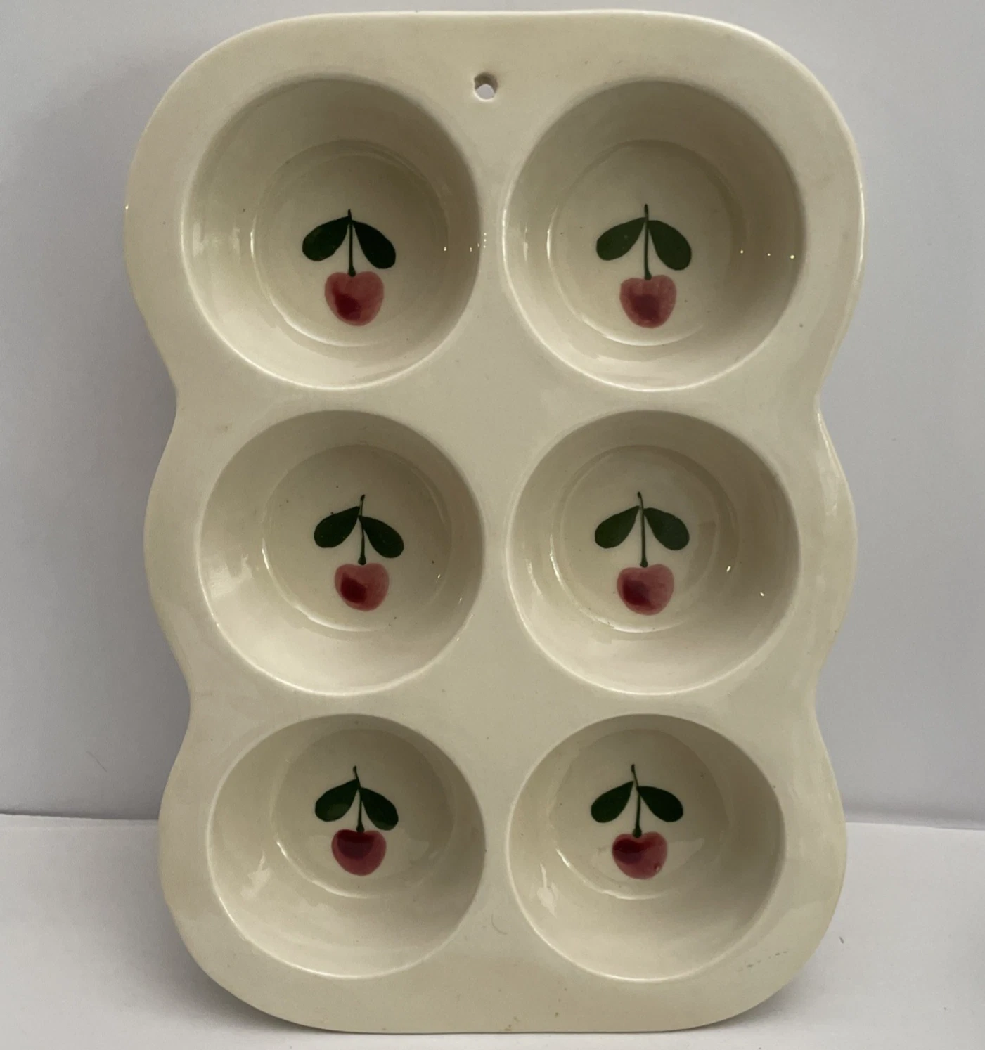1980's Hartstone Pottery Muffin Pan ~ 6‑Cup Cherry/Apple Design Stoneware ~ USA