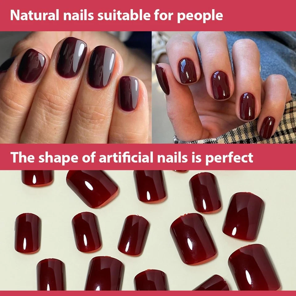 24Pcs Unghie Finte Rosse Unghie Finte Corte Quadrate Adesive Gel Nail Stickers U - Immagine 4 di 4